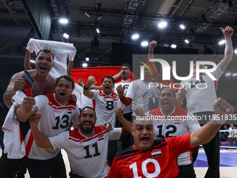 Athletes of Team Egypt celebrate after winning the Men's Sitting Volleyball Bronze Medal Match on day nine of the Paris 2024 Summer Paralymp...