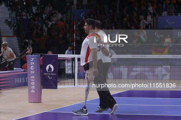 Athletes of Team Egypt celebrate after winning the Men's Sitting Volleyball Bronze Medal Match on day nine of the Paris 2024 Summer Paralymp...