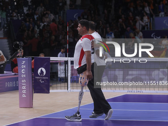 Athletes of Team Egypt celebrate after winning the Men's Sitting Volleyball Bronze Medal Match on day nine of the Paris 2024 Summer Paralymp...