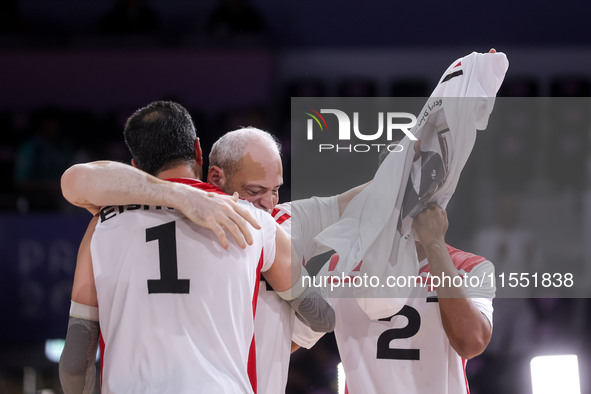 Athletes of Team Egypt celebrate after winning the Men's Sitting Volleyball Bronze Medal Match on day nine of the Paris 2024 Summer Paralymp...