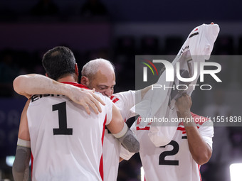 Athletes of Team Egypt celebrate after winning the Men's Sitting Volleyball Bronze Medal Match on day nine of the Paris 2024 Summer Paralymp...