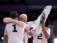 Athletes of Team Egypt celebrate after winning the Men's Sitting Volleyball Bronze Medal Match on day nine of the Paris 2024 Summer Paralymp...