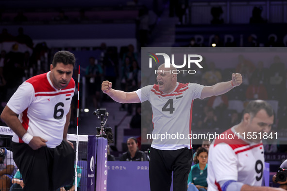 Athletes of Team Egypt celebrate after winning the Men's Sitting Volleyball Bronze Medal Match on day nine of the Paris 2024 Summer Paralymp...