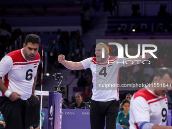 Athletes of Team Egypt celebrate after winning the Men's Sitting Volleyball Bronze Medal Match on day nine of the Paris 2024 Summer Paralymp...