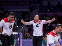 Athletes of Team Egypt celebrate after winning the Men's Sitting Volleyball Bronze Medal Match on day nine of the Paris 2024 Summer Paralymp...