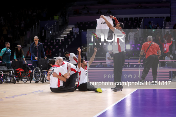 Athletes of Team Egypt celebrate after winning the Men's Sitting Volleyball Bronze Medal Match on day nine of the Paris 2024 Summer Paralymp...