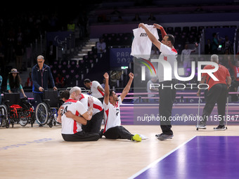 Athletes of Team Egypt celebrate after winning the Men's Sitting Volleyball Bronze Medal Match on day nine of the Paris 2024 Summer Paralymp...