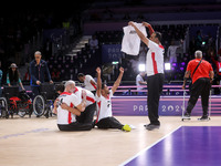 Athletes of Team Egypt celebrate after winning the Men's Sitting Volleyball Bronze Medal Match on day nine of the Paris 2024 Summer Paralymp...