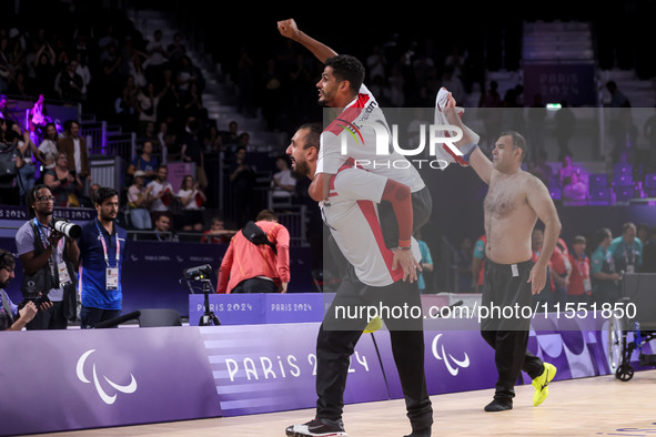 Athletes of Team Egypt celebrate after winning the Men's Sitting Volleyball Bronze Medal Match on day nine of the Paris 2024 Summer Paralymp...