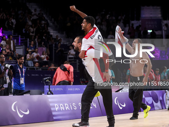 Athletes of Team Egypt celebrate after winning the Men's Sitting Volleyball Bronze Medal Match on day nine of the Paris 2024 Summer Paralymp...