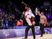 Athletes of Team Egypt celebrate after winning the Men's Sitting Volleyball Bronze Medal Match on day nine of the Paris 2024 Summer Paralymp...