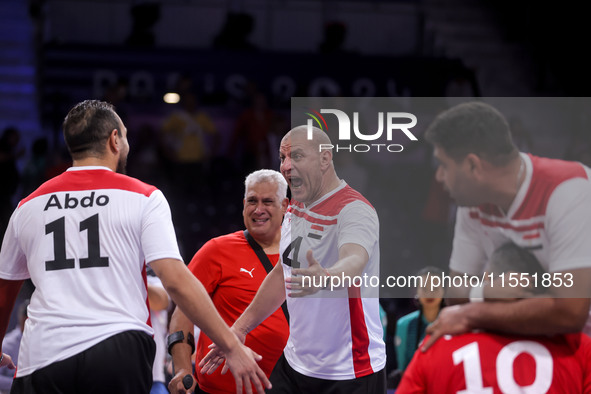 Athletes of Team Egypt celebrate after winning the Men's Sitting Volleyball Bronze Medal Match on day nine of the Paris 2024 Summer Paralymp...