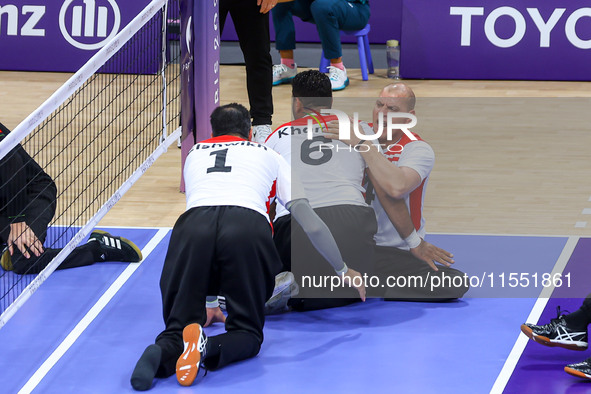 Athletes of Team Egypt celebrate after winning the Men's Sitting Volleyball Bronze Medal Match on day nine of the Paris 2024 Summer Paralymp...