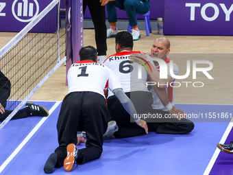 Athletes of Team Egypt celebrate after winning the Men's Sitting Volleyball Bronze Medal Match on day nine of the Paris 2024 Summer Paralymp...