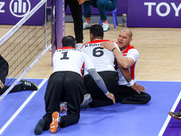 Athletes of Team Egypt celebrate after winning the Men's Sitting Volleyball Bronze Medal Match on day nine of the Paris 2024 Summer Paralymp...