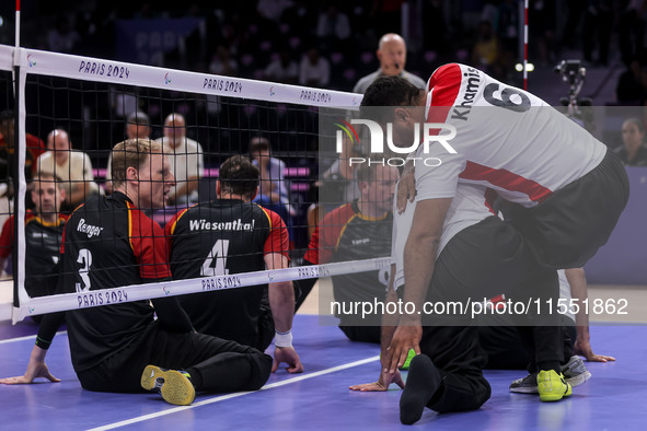 Athletes of Team Egypt celebrate after winning the Men's Sitting Volleyball Bronze Medal Match on day nine of the Paris 2024 Summer Paralymp...