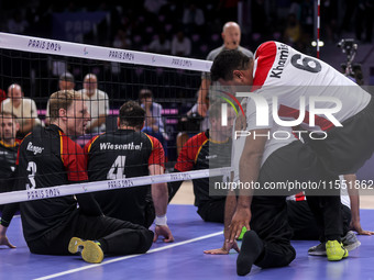 Athletes of Team Egypt celebrate after winning the Men's Sitting Volleyball Bronze Medal Match on day nine of the Paris 2024 Summer Paralymp...