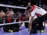 Athletes of Team Egypt celebrate after winning the Men's Sitting Volleyball Bronze Medal Match on day nine of the Paris 2024 Summer Paralymp...