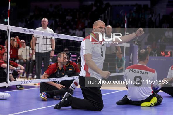 Athletes of Team Egypt celebrate after winning the Men's Sitting Volleyball Bronze Medal Match on day nine of the Paris 2024 Summer Paralymp...