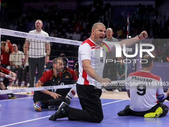 Athletes of Team Egypt celebrate after winning the Men's Sitting Volleyball Bronze Medal Match on day nine of the Paris 2024 Summer Paralymp...