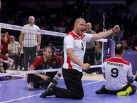 Athletes of Team Egypt celebrate after winning the Men's Sitting Volleyball Bronze Medal Match on day nine of the Paris 2024 Summer Paralymp...