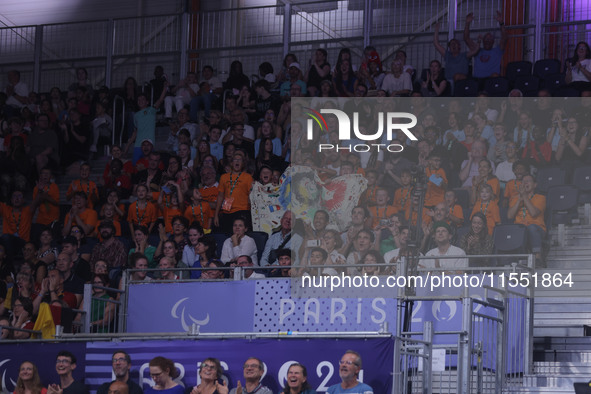 France fans show their support during the Men's Sitting Volleyball Bronze Medal Match on day nine of the Paris 2024 Summer Paralympic Games...