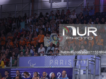 France fans show their support during the Men's Sitting Volleyball Bronze Medal Match on day nine of the Paris 2024 Summer Paralympic Games...