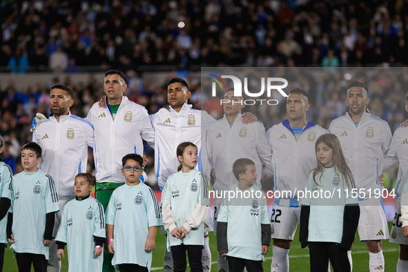 Argentina players during anthems before the FIFA World Cup 2026 Qualifier match between Argentina and Chile at Estadio Mas Monumental Antoni...