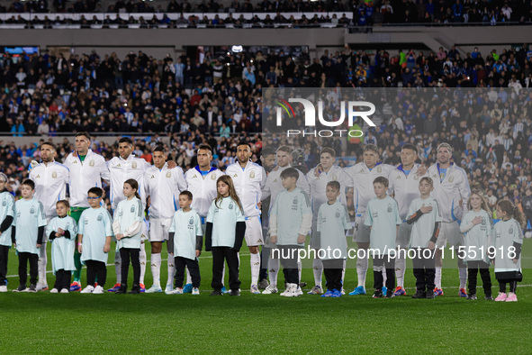 Argentina players during anthems before the FIFA World Cup 2026 Qualifier match between Argentina and Chile at Estadio Mas Monumental Antoni...