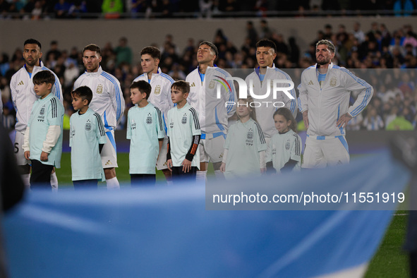 Argentina players during anthems before the FIFA World Cup 2026 Qualifier match between Argentina and Chile at Estadio Mas Monumental Antoni...