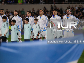 Argentina players during anthems before the FIFA World Cup 2026 Qualifier match between Argentina and Chile at Estadio Mas Monumental Antoni...