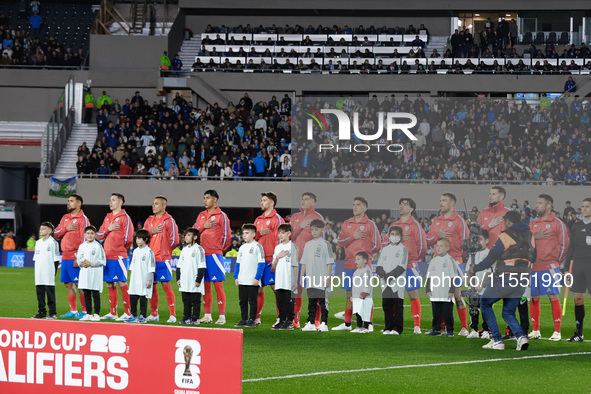 Chile players during anthems before the FIFA World Cup 2026 Qualifier match between Argentina and Chile at Estadio Mas Monumental Antonio Ve...