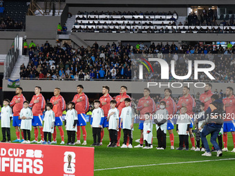 Chile players during anthems before the FIFA World Cup 2026 Qualifier match between Argentina and Chile at Estadio Mas Monumental Antonio Ve...