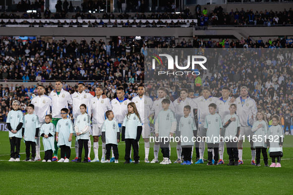 Argentina players during anthems before the FIFA World Cup 2026 Qualifier match between Argentina and Chile at Estadio Mas Monumental Antoni...