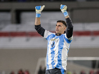 Emiliano Martinez of Argentina warms up before the FIFA World Cup 2026 Qualifier match between Argentina and Chile at Estadio Mas Monumental...