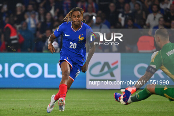 Bradley Barcola (FRA) scores the 1-0 goal during the UEFA National League Matchday 1 match between France and Italy at the Parc des Princes...