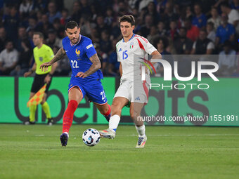 Theo Hernandez (FRA) and Andrea Cambiaso (ITA) during the UEFA National League Matchday 1 match between France and Italy at the Parc des Pri...