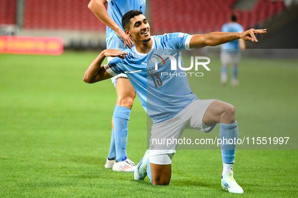 Anan Khalaili celebrates after scoring during Belgium vs Israel: matchday 1 of UEFA Nations League 2024-2025, in Debrecen, Hungary, on Septe...