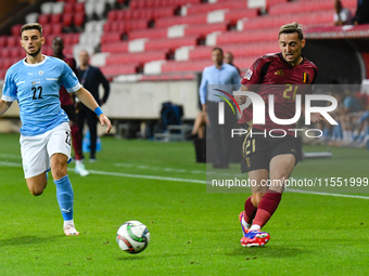 Timothy Castagne and Denny Gropper are in action during Belgium vs. Israel: matchday 1 of UEFA Nations League 2024-2025, at Nagyerdei Stadio...