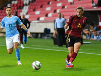 Timothy Castagne and Denny Gropper are in action during Belgium vs. Israel: matchday 1 of UEFA Nations League 2024-2025, at Nagyerdei Stadio...