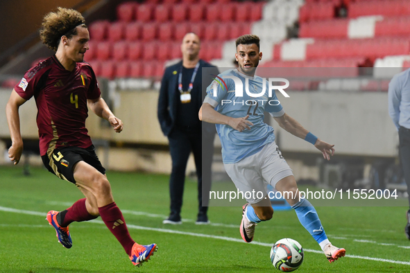 Denny Gropper and Wout Faes are in action during Belgium vs Israel: matchday 1 of UEFA Nations League 2024-2025, in Debrecen, Hungary, on Se...