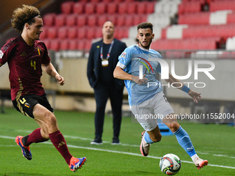 Denny Gropper and Wout Faes are in action during Belgium vs Israel: matchday 1 of UEFA Nations League 2024-2025, in Debrecen, Hungary, on Se...