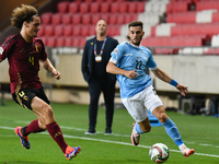 Denny Gropper and Wout Faes are in action during Belgium vs Israel: matchday 1 of UEFA Nations League 2024-2025, in Debrecen, Hungary, on Se...