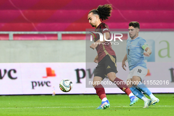 Arthur Theate and Manor Solomon are in action during Belgium vs. Israel: matchday 1 of the UEFA Nations League 2024-2025, in Debrecen, Hunga...