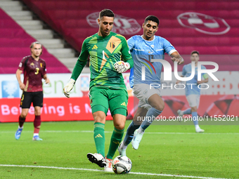 Koen Casteels and Anan Khalaili are in action during Belgium vs Israel: matchday 1 of UEFA Nations League 2024-2025, in Debrecen, Hungary, o...