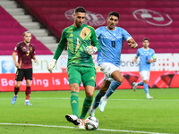 Koen Casteels and Anan Khalaili are in action during Belgium vs Israel: matchday 1 of UEFA Nations League 2024-2025, in Debrecen, Hungary, o...