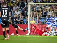 FC Eindhoven player Sven Simons and De Graafschap goalkeeper Joshua Smits during the match between De Graafschap and Eindhoven at Stadium De...