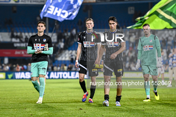 Players of FC Eindhoven are disappointed after the match during the match De Graafschap - Eindhoven at the Stadium De Vijverberg for the Dut...