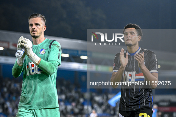 Players of FC Eindhoven are disappointed after the match during the match De Graafschap - Eindhoven at the Stadium De Vijverberg for the Dut...