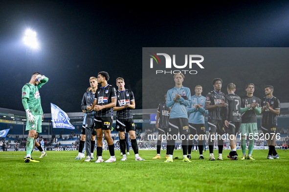 Players of FC Eindhoven are disappointed after the match during the match De Graafschap - Eindhoven at the Stadium De Vijverberg for the Dut...